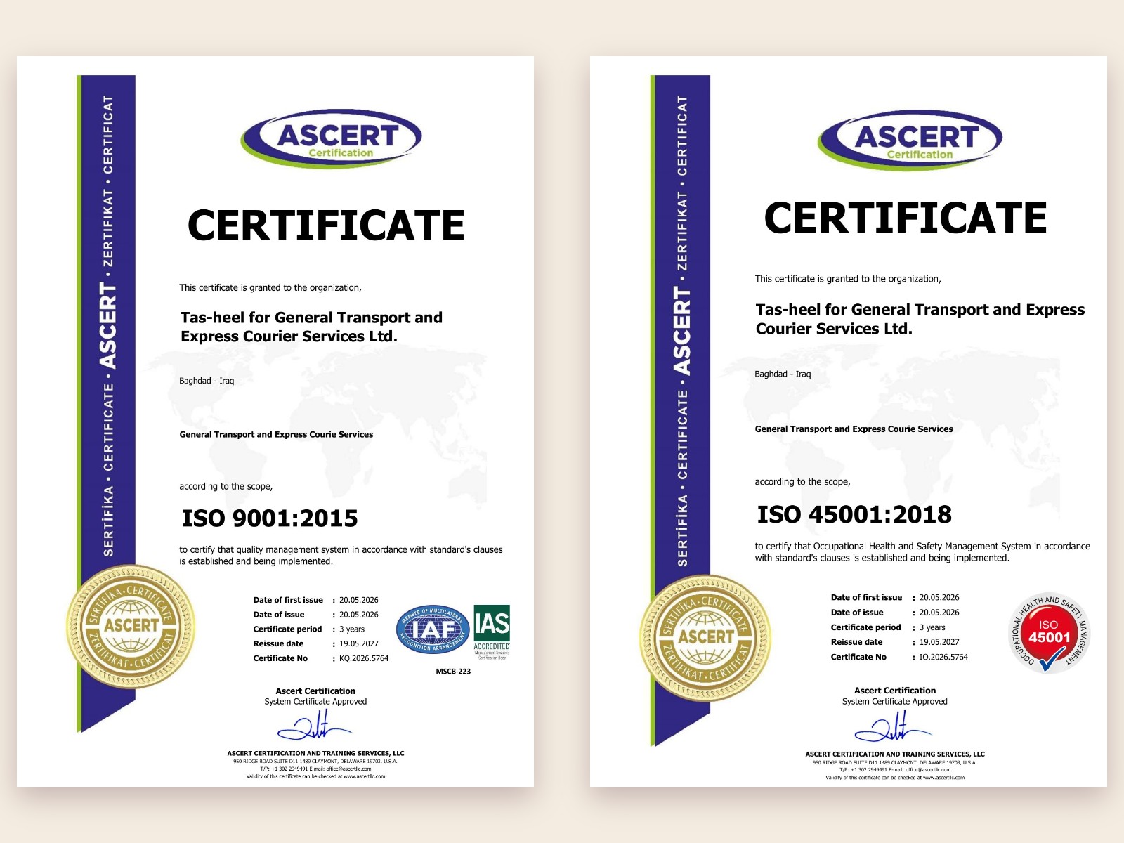 شهادتا الأيزو ISO 9001:2015 وISO 45001:2018 الممنوحتان لتسهيل من ASCERT